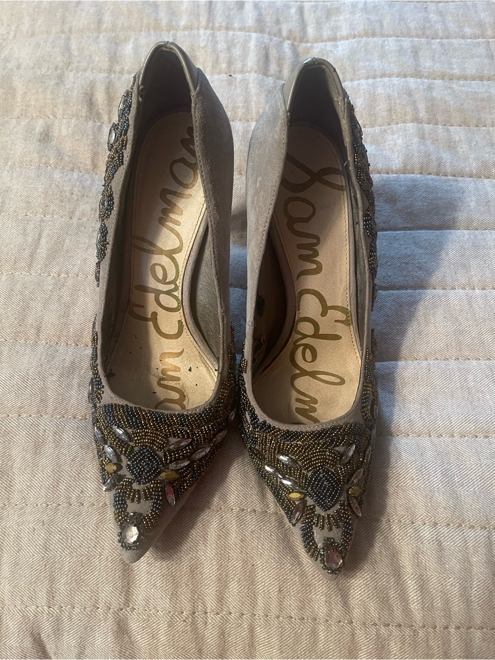 Sam Edelman Embellished Taupe Beaded Pointed-Toe Heels